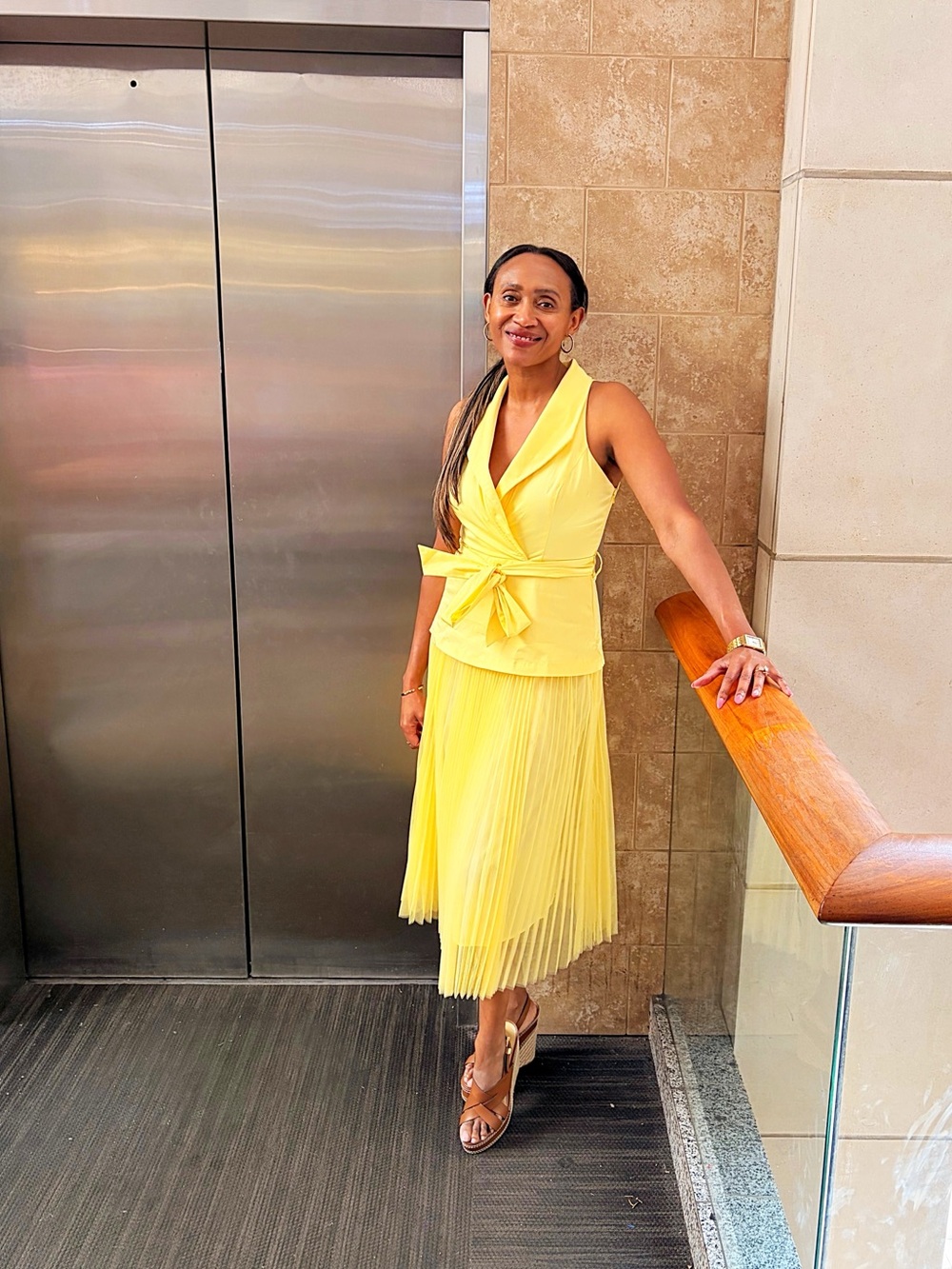 Dress Forum Yellow Pleated Midi Skirt with Wrap Detail